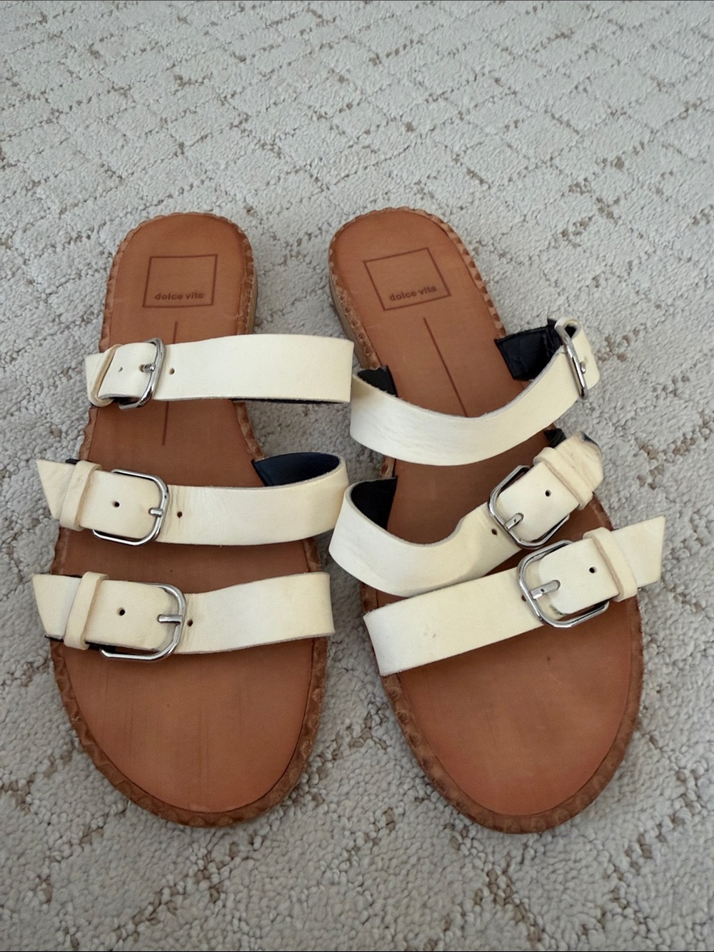 Dolce Vita Cream Triple Buckle Slide Sandals with Silver Hardware